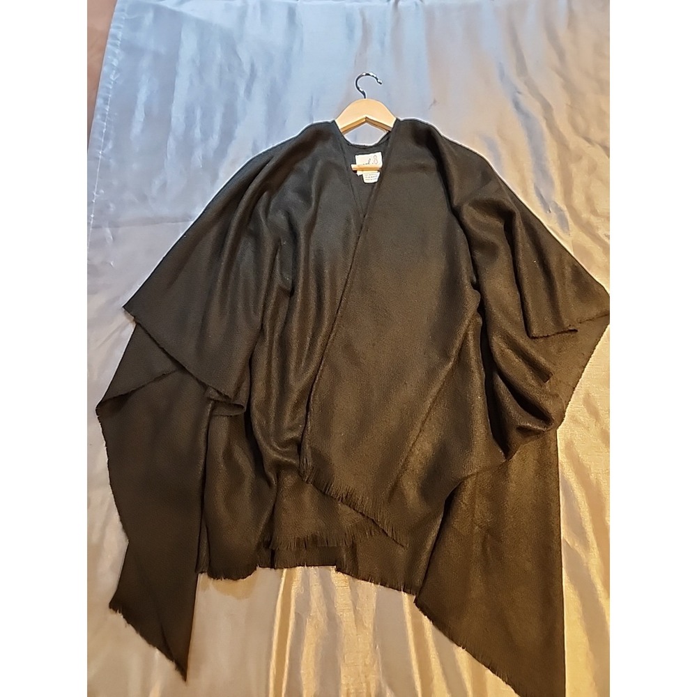 April Marin Womens Black Shawl Wrap Poncho Fringe Trim Open Front One Size